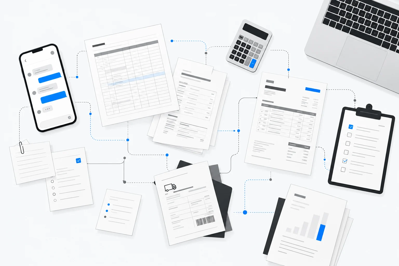 An overhead view of a business's day-to-day records: a phone chat, spreadsheets, order papers, an invoice, a delivery note and a checklist, loosely linked by thin dotted lines with a few blue points marking where information is passed on.